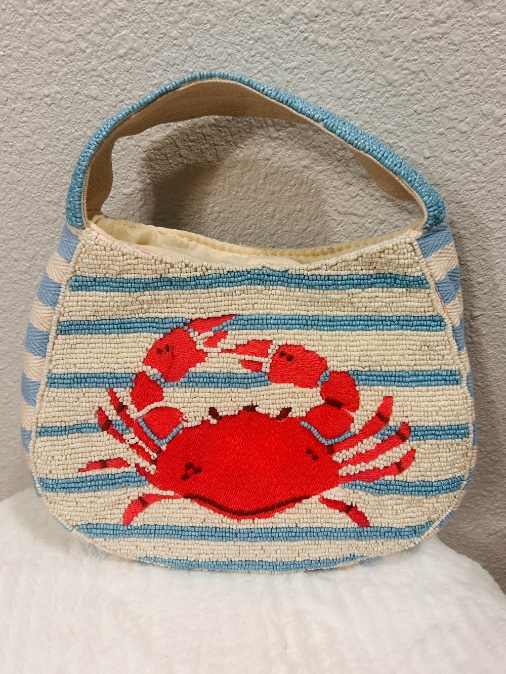 Beaded Crab Blue & White Striped Bag NWT